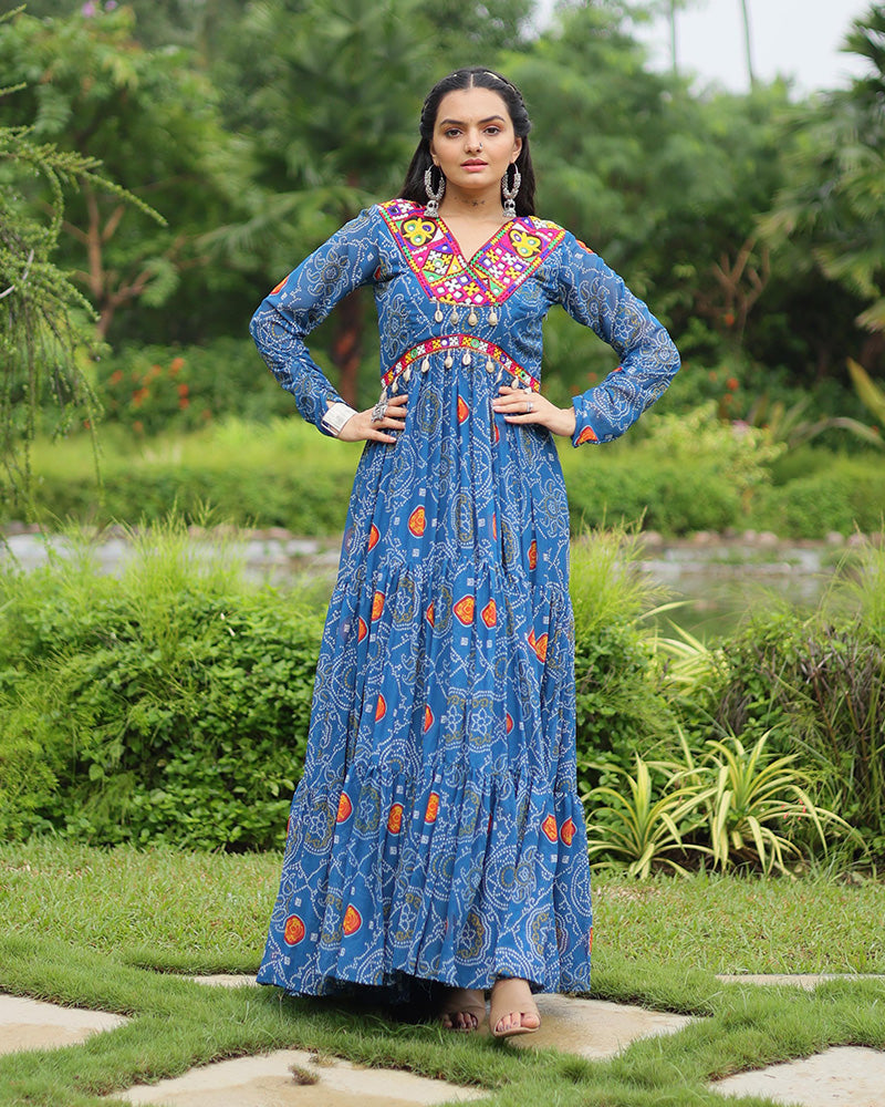 Navratri Special Blue Color Faux Georgette Bandhani Print Gown