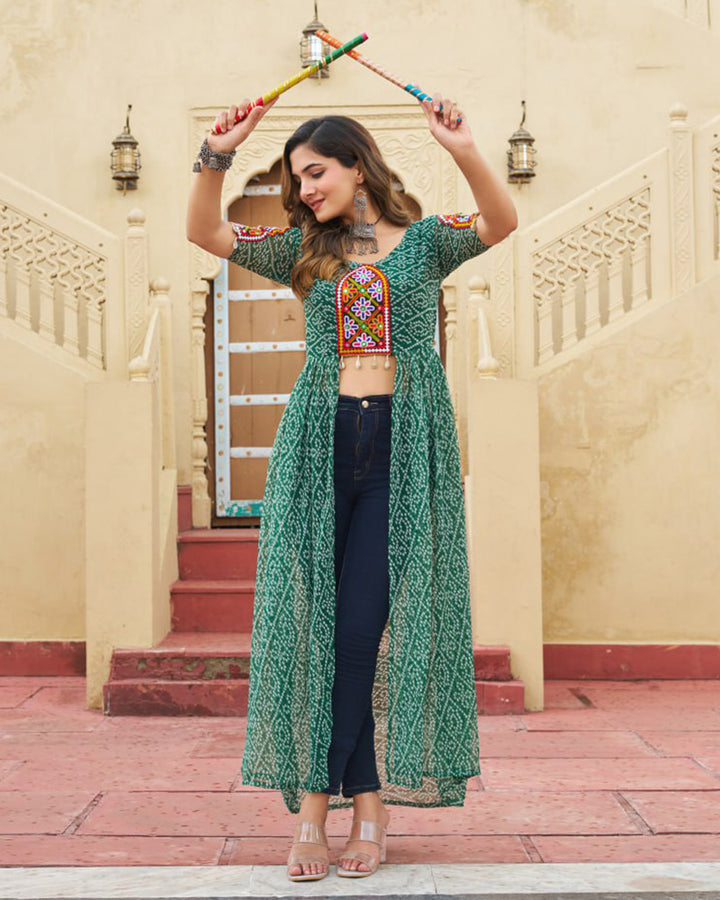 Green Festival Wear Faux Georgette Kutchi Work Kurti