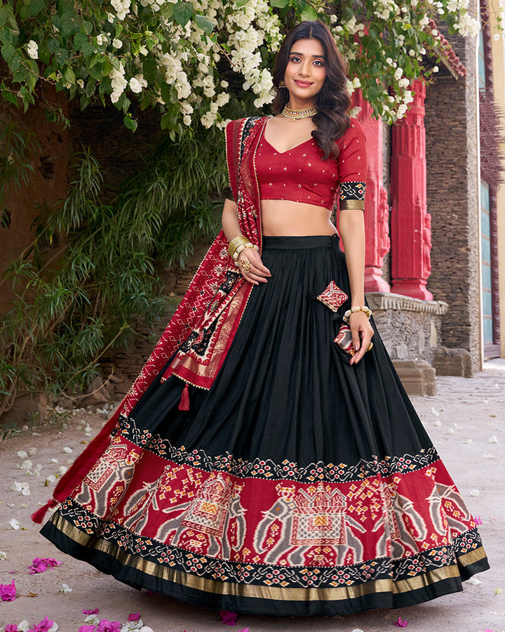 Designer Patola Printed Black Color Tussar Silk Lehenga Choli