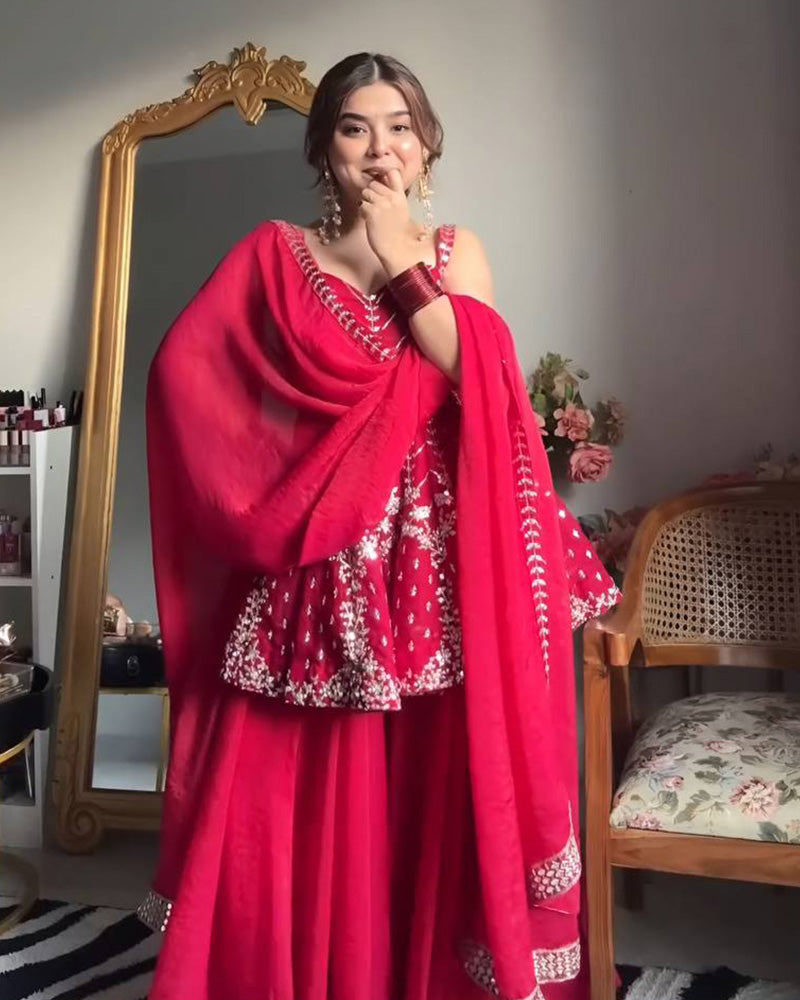 Rani Pink Color Faux Blooming Plazzo Suit