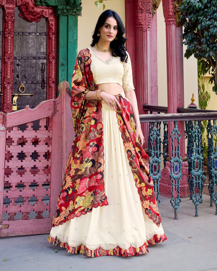 Designer Off White Color Vichitra Silk Lehenga Choli