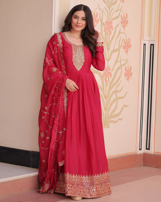 Designer Rani Pink Color Star Georgette Embroidered Gown
