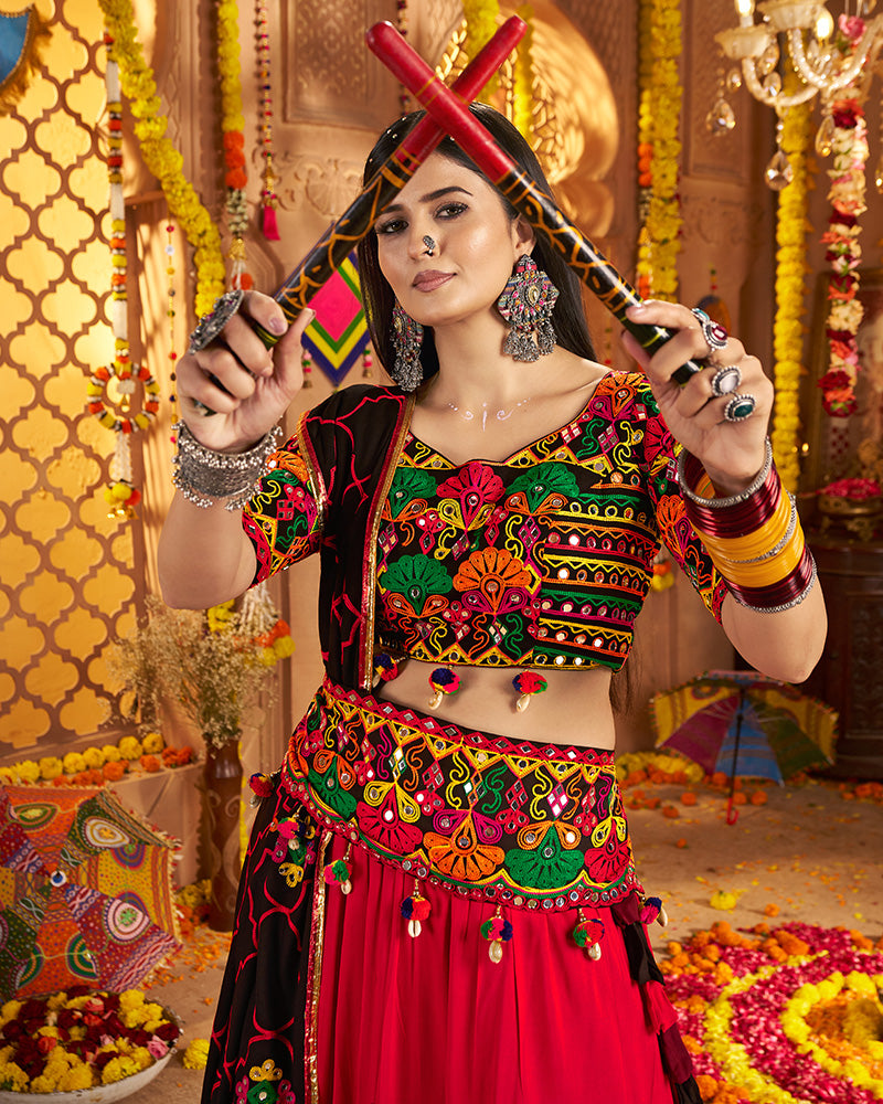 Vibrant Red Multi Color Embroidered Garba Choli