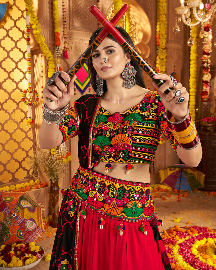 Vibrant Red Multi Color Embroidered Garba Choli
