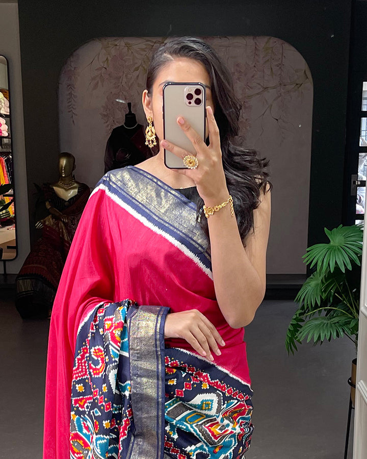 Pink Color Patola Print With Foil Work Dola Silk Saree