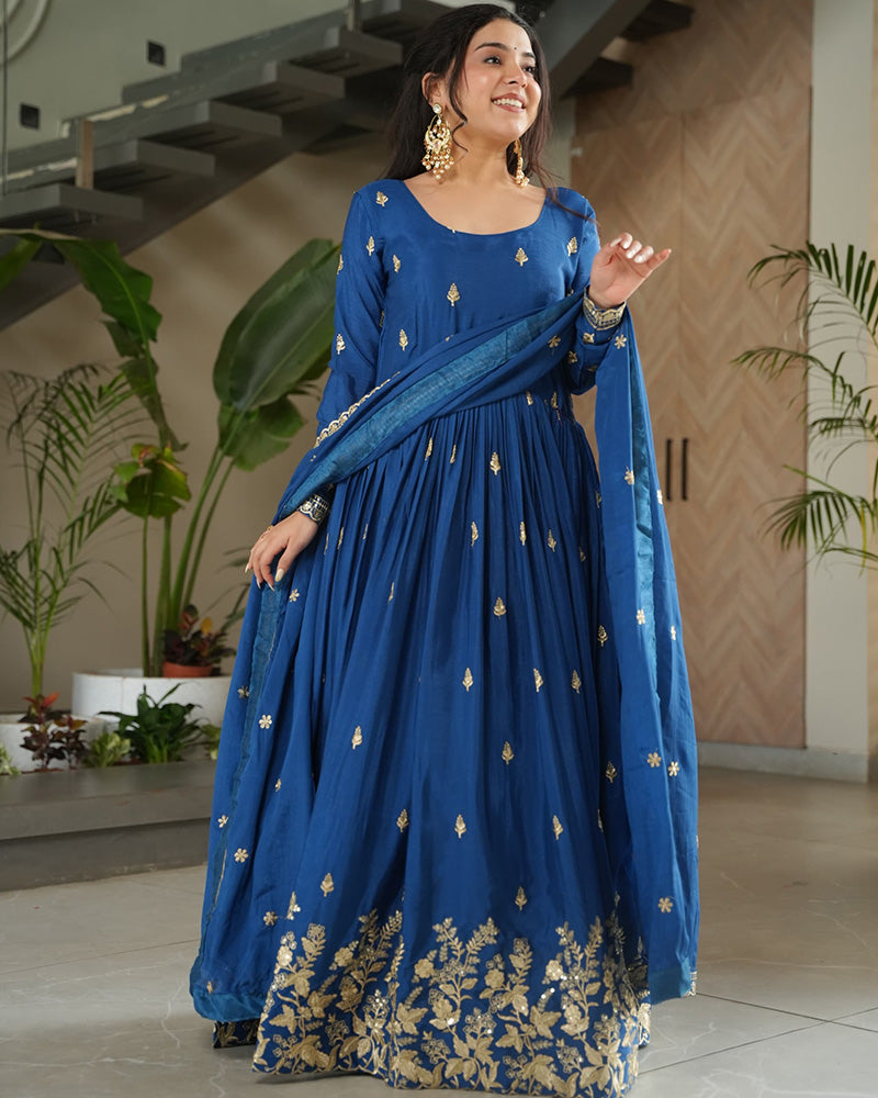 Beautiful Rama Color Chinnon Gown With Embroidered Dupatta
