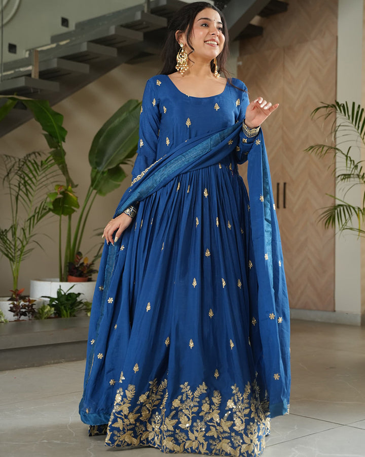 Beautiful Rama Color Chinnon Gown With Embroidered Dupatta