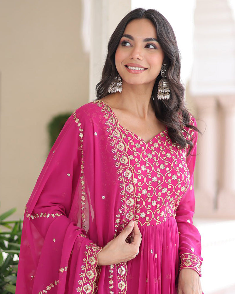 Hot Pink Color Georgette Embroidered Designer Gown