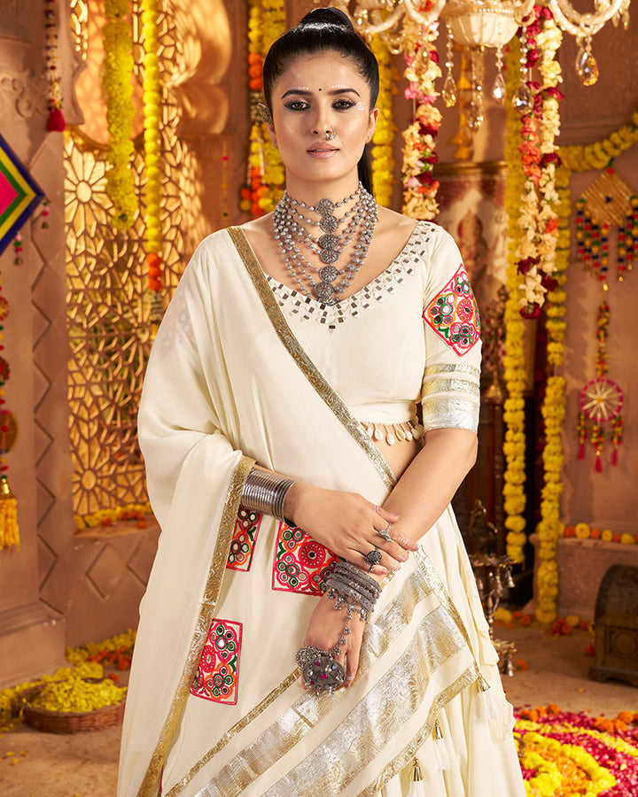 Festive White Mirror Work Navratri Lehenga Choli