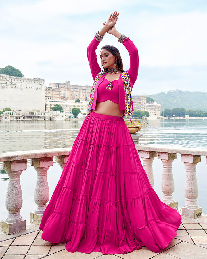 Pink Color Pure Rayon Ruffle Style Navratri Lehenga Choli