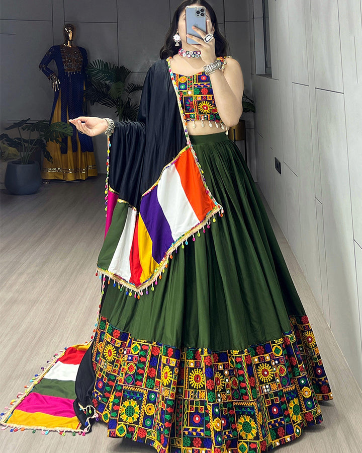 8 Multi Color Designer Pure Rayon Cotton Gamthi Work Navratri Lehenga Choli