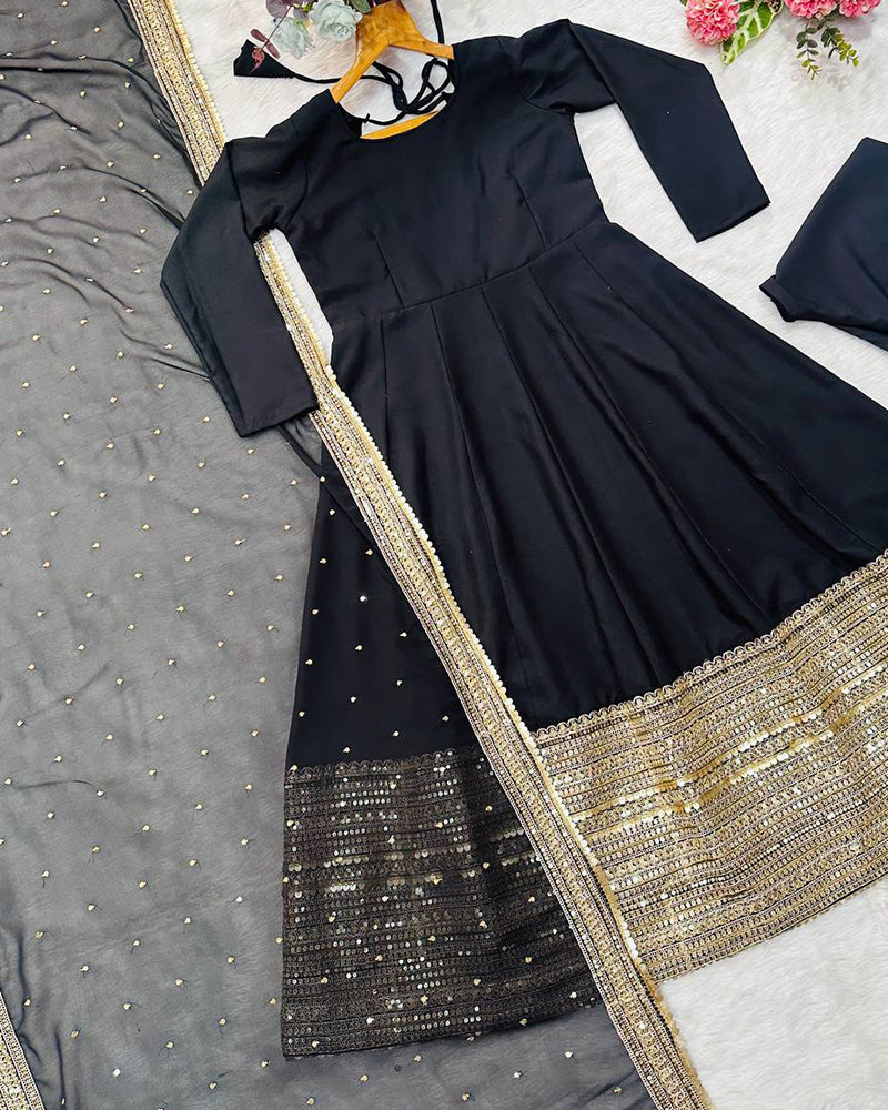 Black Color Rayon Embroidered Three Piece Anarkali Suit