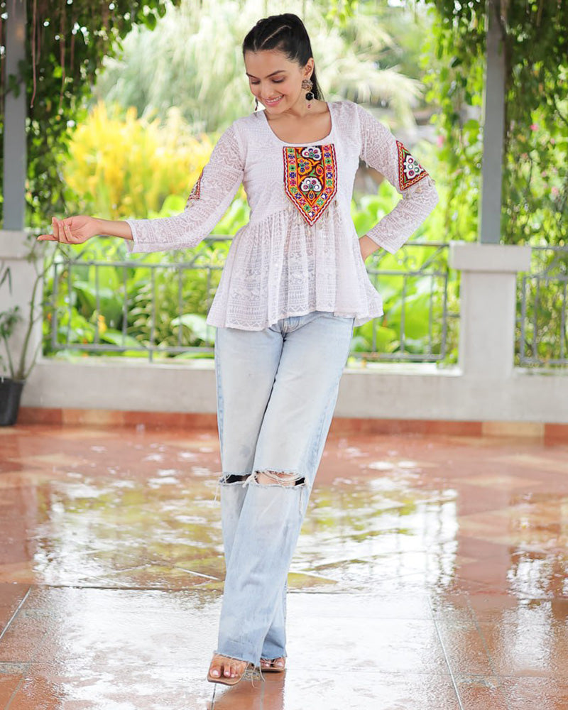White Color Georgette Lucknowi Work Navratri Kediya
