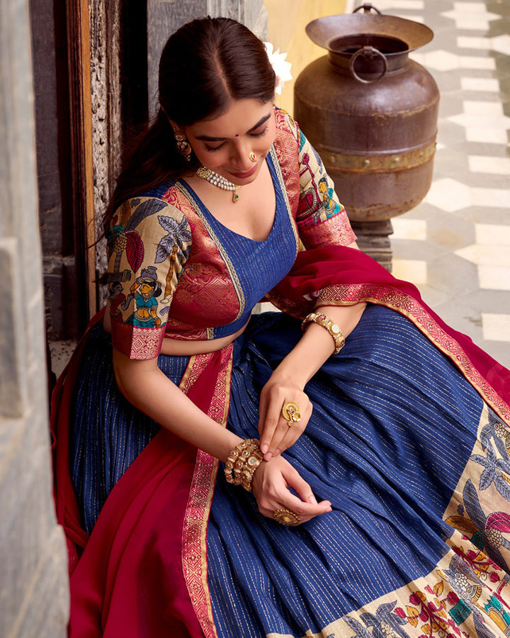 Navy Blue Color Poly Chanderi Kalamkari Printed Lehenga Choli