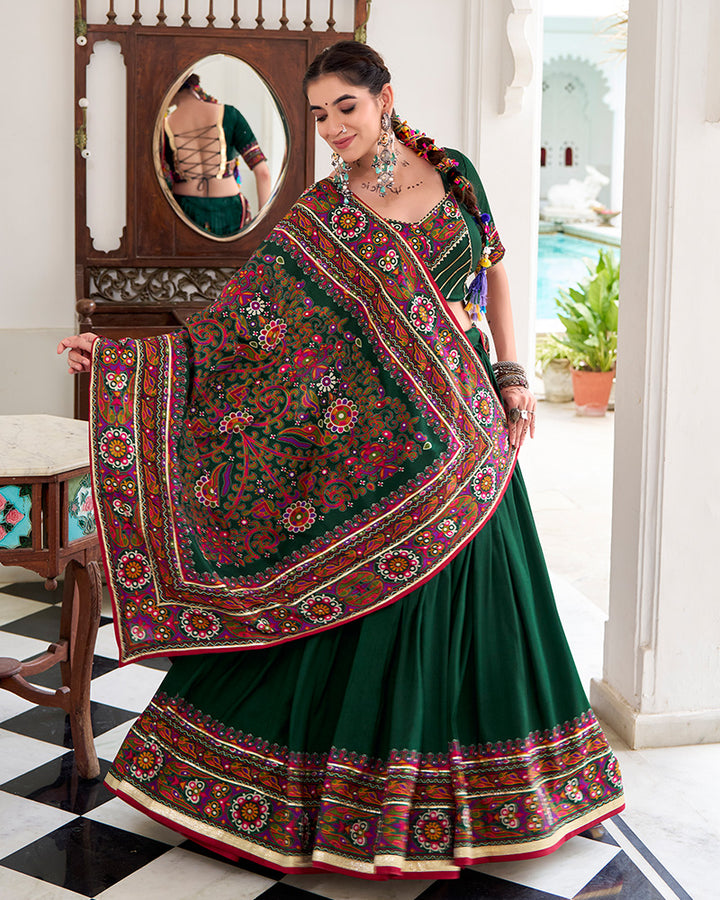 Green Color Tasar Silk Gamthi Printed Navratri Lehenga Choli