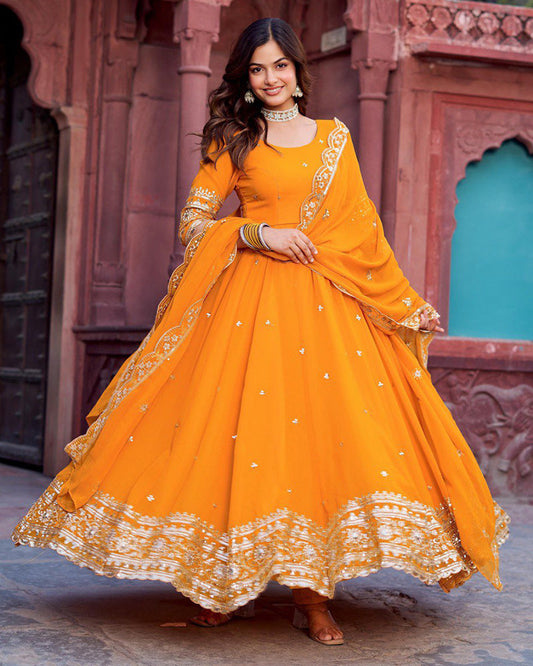 Ethnic Yellow Color Georgette Sequence Embroidered Gown