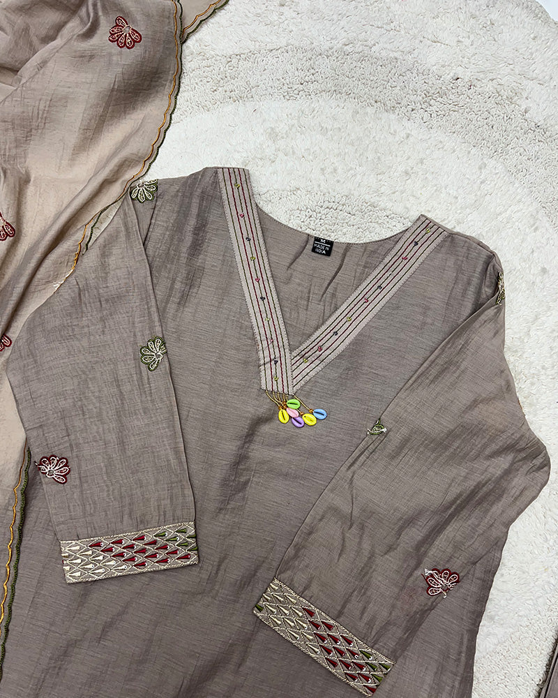 Chocolate Color Mal Cotton Three Piece Kurti Suit