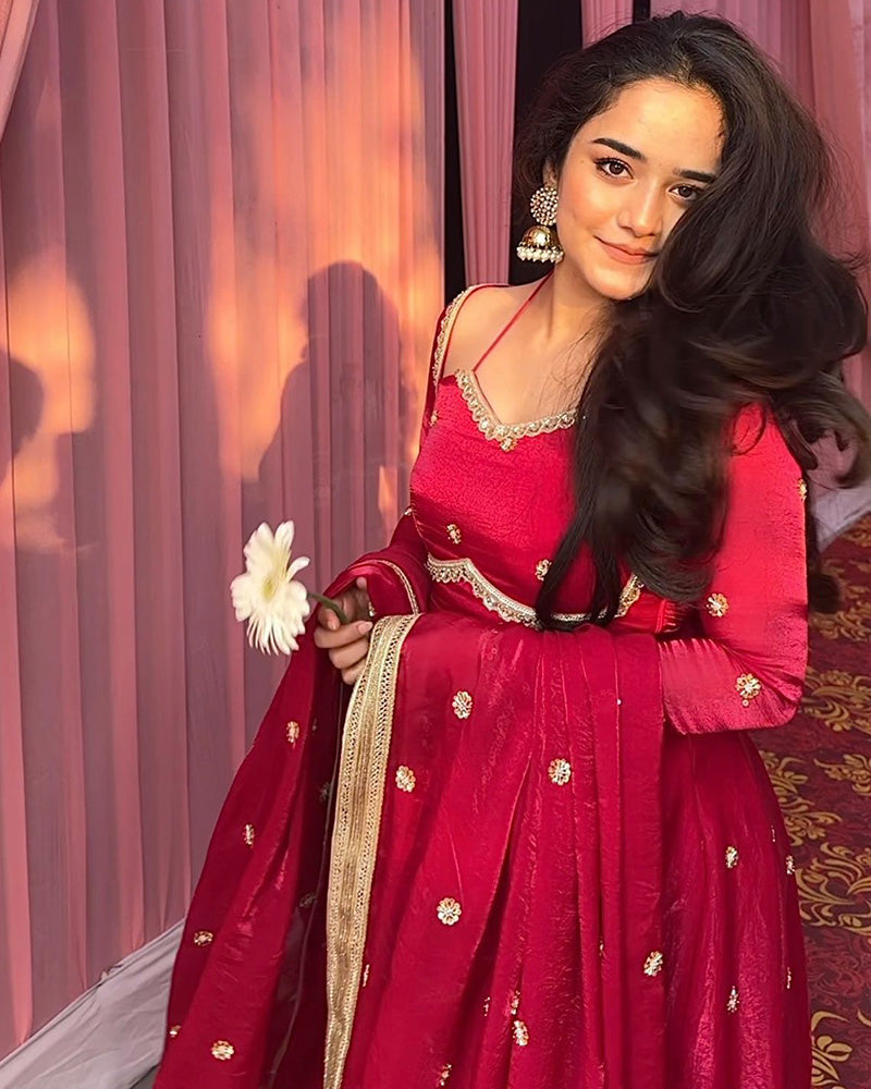 Red Color Fendi Silk Sequence Embroidered Anarkali Suit