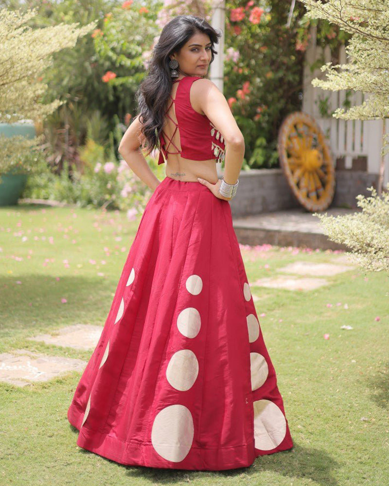 Traditional Maroon Roman Silk Navratri Wear Lehenga Choli