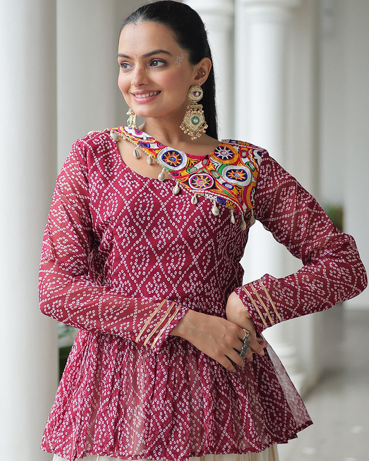 Peplum Style Maroon Bandhej Choli With Cotton Lehenga