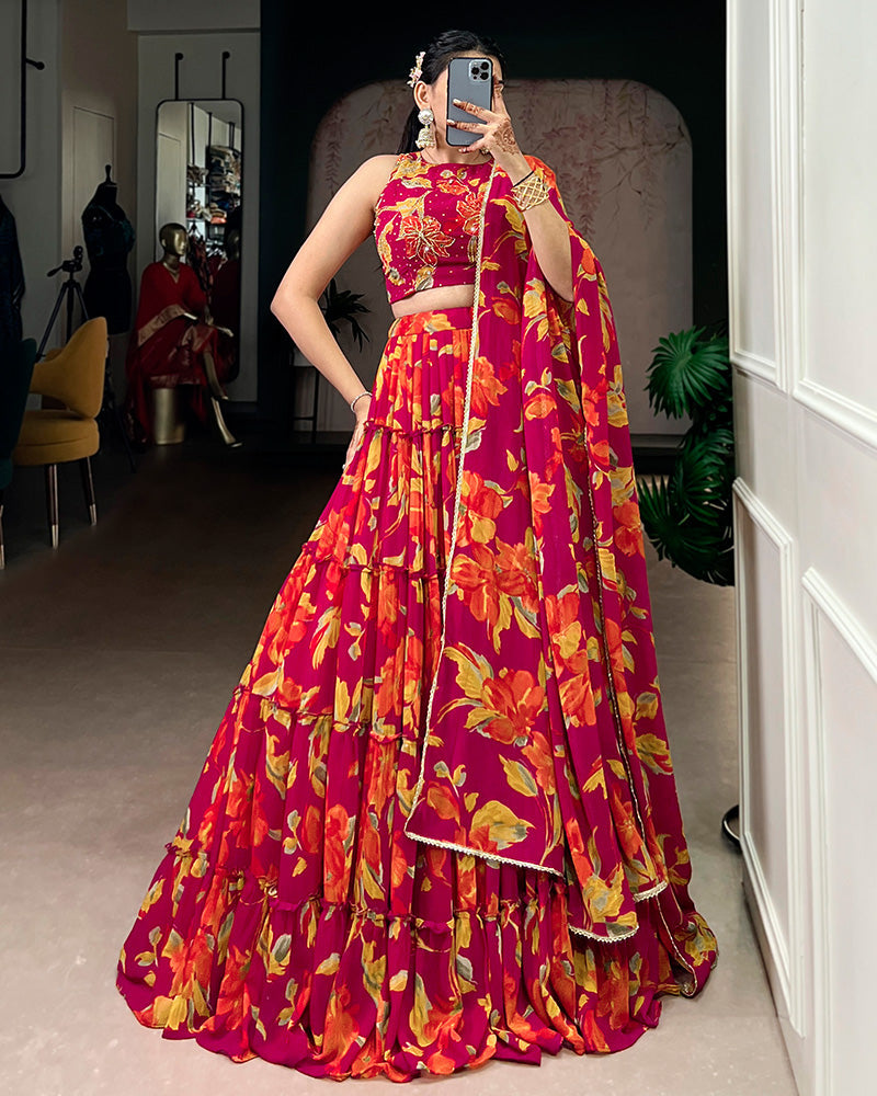 Pink Color Marble Floral Printed Lehenga Choli