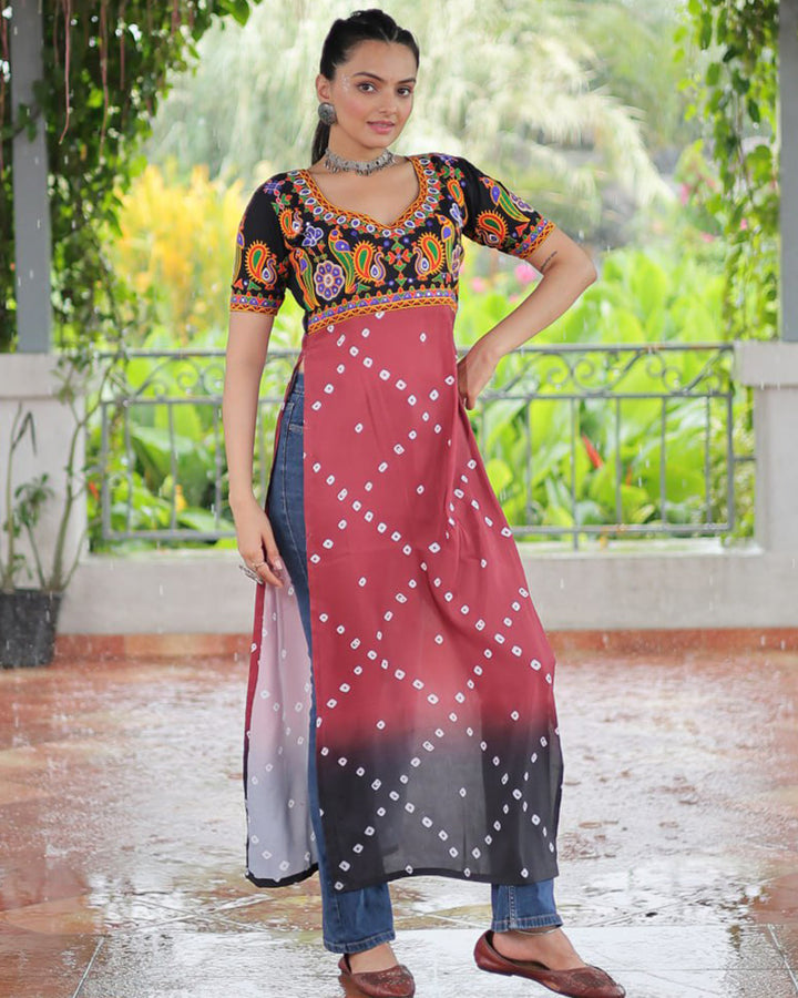 Navratri Special Maroon Black Color Rayon Kutchi Work Kurti