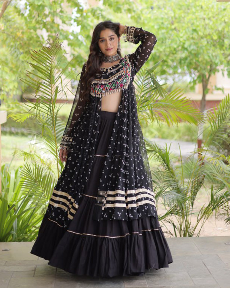 Black Color Bandhani Printed Kurti With Kora Cotton Lehenga Choli