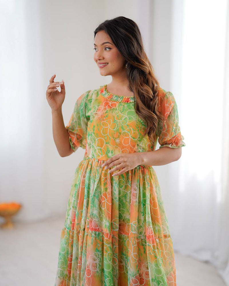 Lime Green Color Georgette Digital Printed Tunic