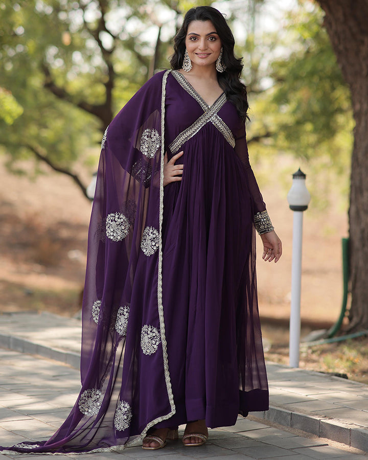 Wine Color Faux Blooming Embroidered Alia Cut Gown With Dupatta