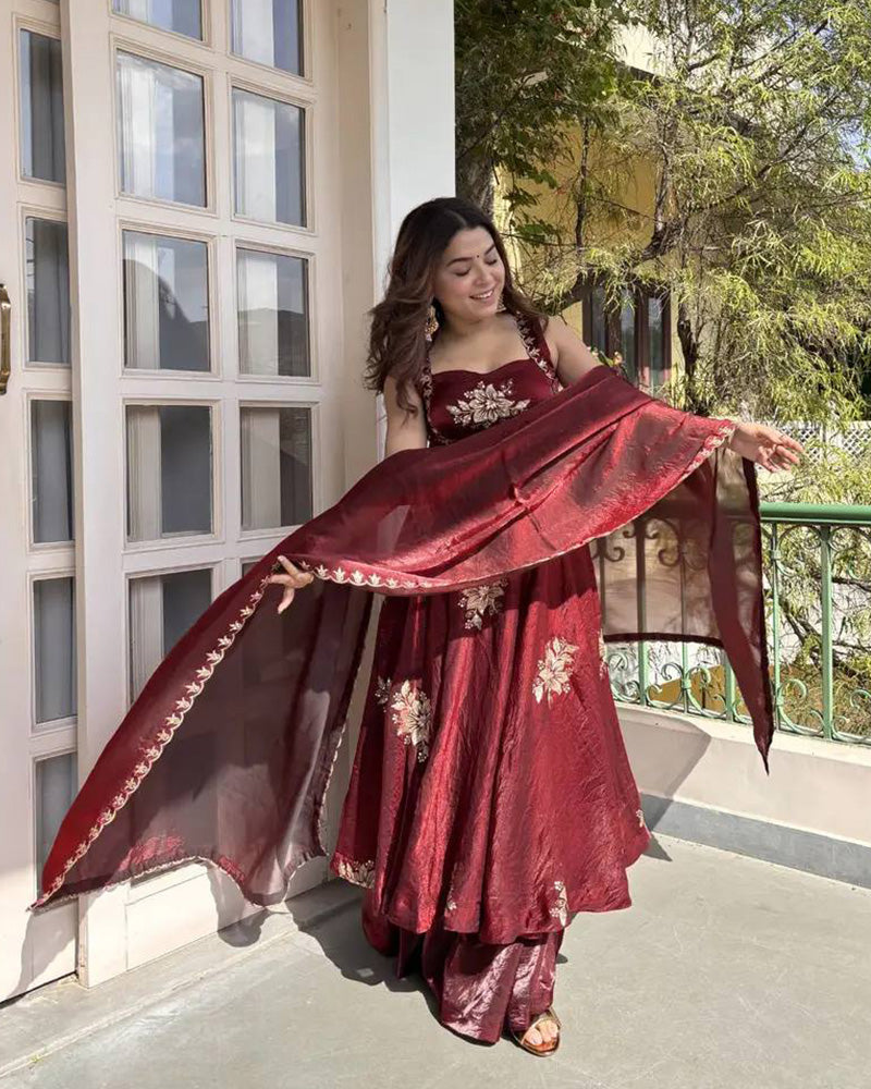 Maroon Color Fendi Satin Zari Sequence Party Gown