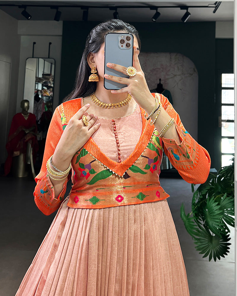 Peach Color Vichitra Silk Zari Weaving Gown