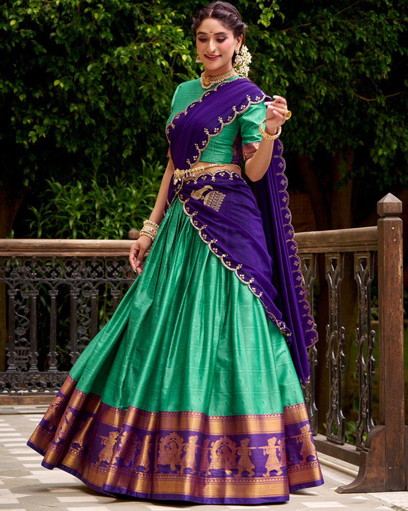 Bottle Green Color Poly Cotton Zari Weaving Half Saree