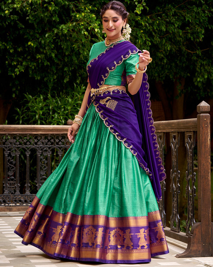 Bottle Green Color Poly Cotton Zari Weaving Half Saree