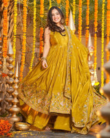 Mustard Color Crunchy Silk Embroidered Sharara Suit