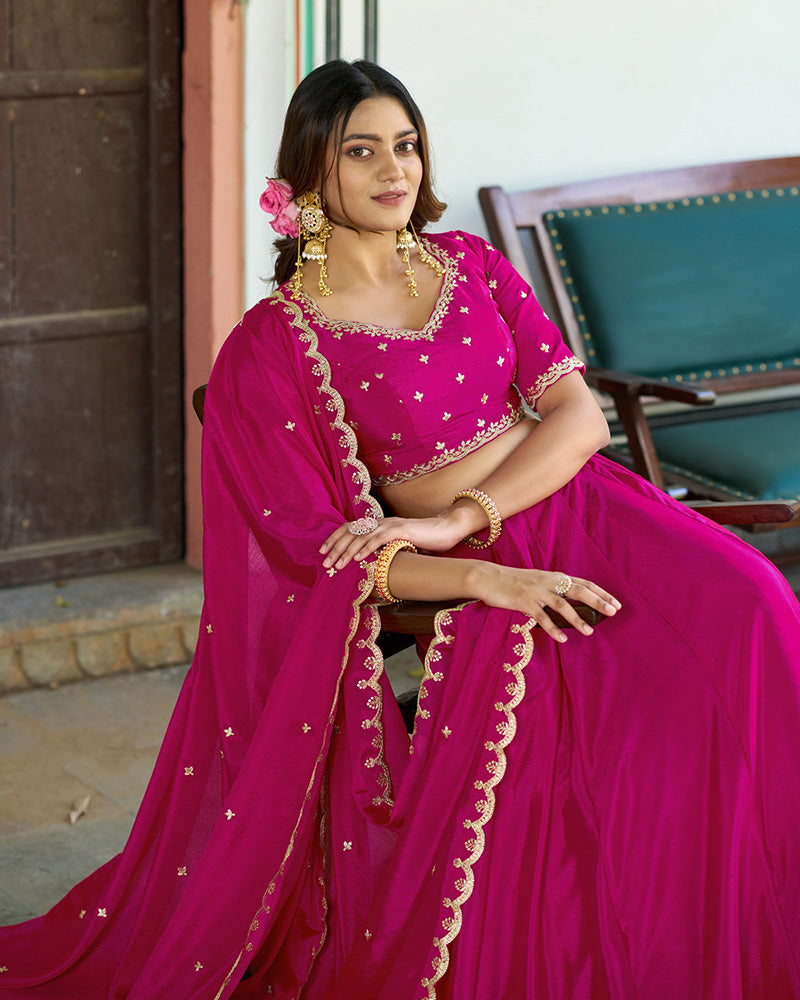 Designer Rani Pink Color Chinon Embroidered Lehenga Choli