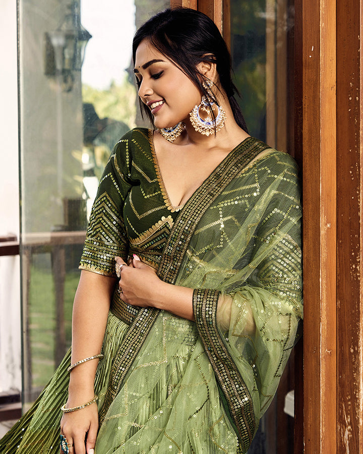 Green Color Chinon Sequence Embroidered Lehenga Choli