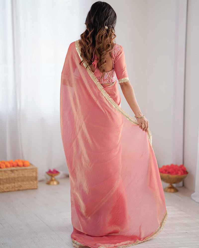 Baby Pink Color Fendi Silk Pre Draped Saree