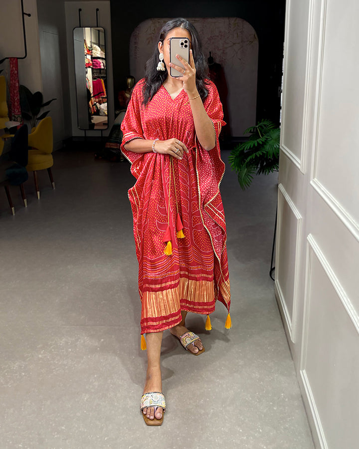 Red Color Digital Print Gaji Silk Kaftan