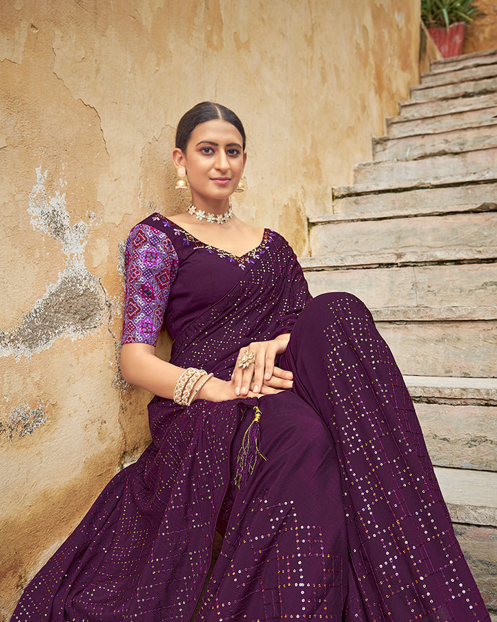 Purple Color Chinnon Sequence Saree