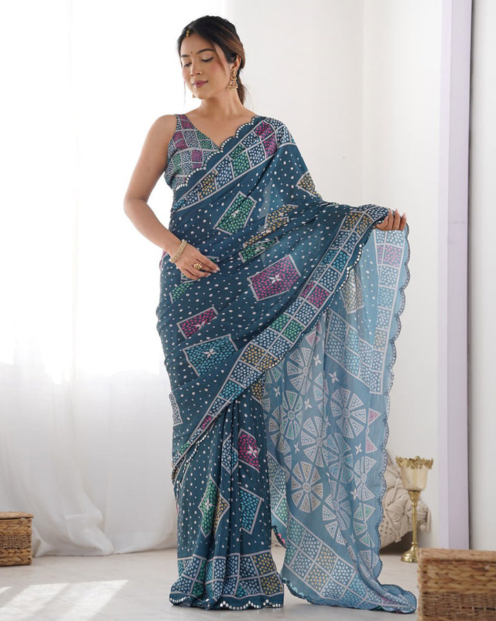 Navy Blue Color Chinnon Silk Printed Saree