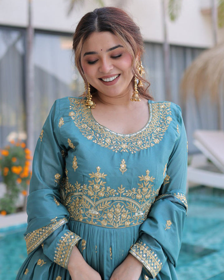 Dusty Teal Color Super Silk Embroidered Sharara Suit
