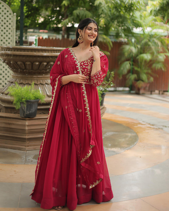 Designer Rani Pink Color Anarkali Gown With Embroidery Dupatta