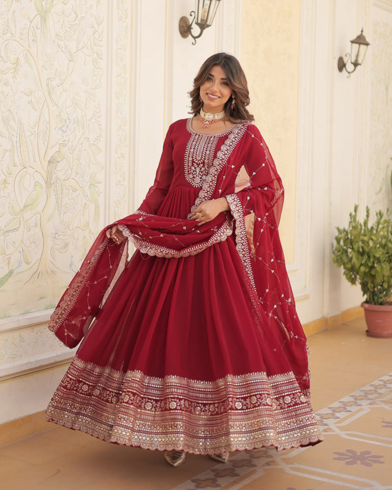 Maroon Color Faux Blooming Rich Sequence Embroidered Gown
