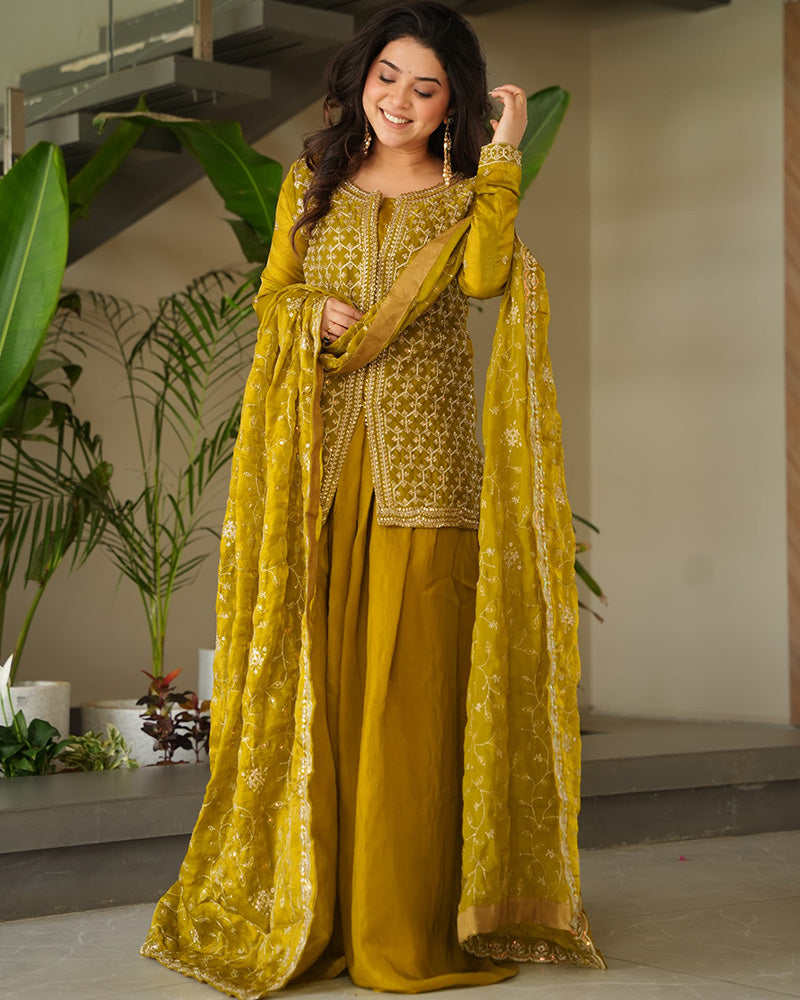 Elegant Mustard Embroidered Sharara Set with Dupatta