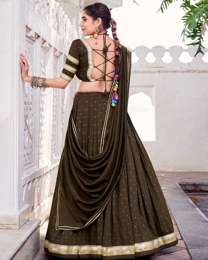 Elegant Mehndi Color Pure Chanderi Full Stitched Lehenga Choli