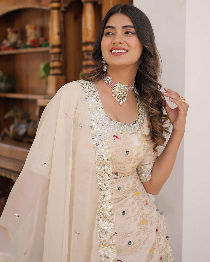 Off-White Color Viscose Jacquard Embroidered Gharara Suit