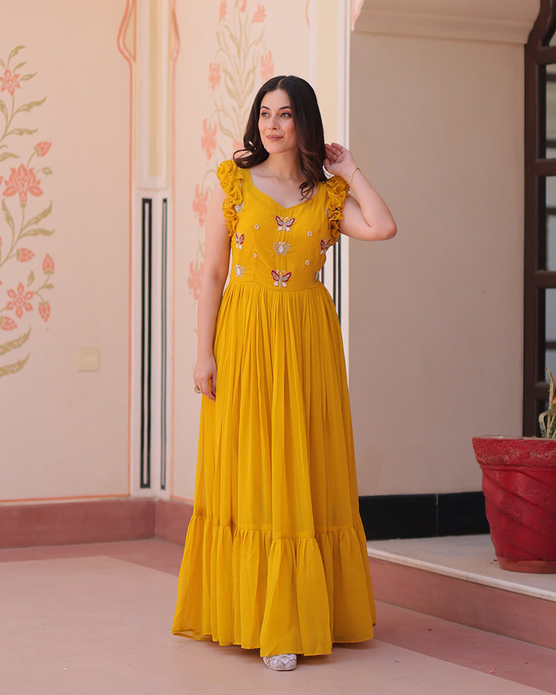 Designer Yellow Color Faux Blooming Embroidered work Gown