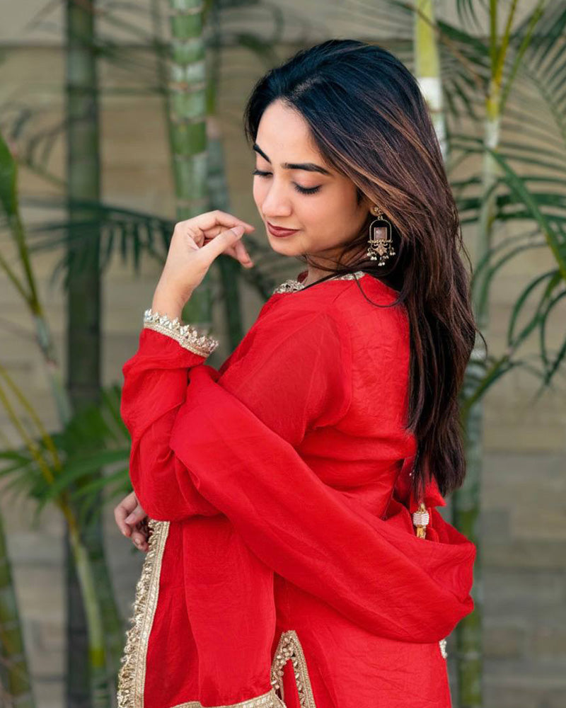 Red Color Fendi Satin Silk Farshi Salwar Suit
