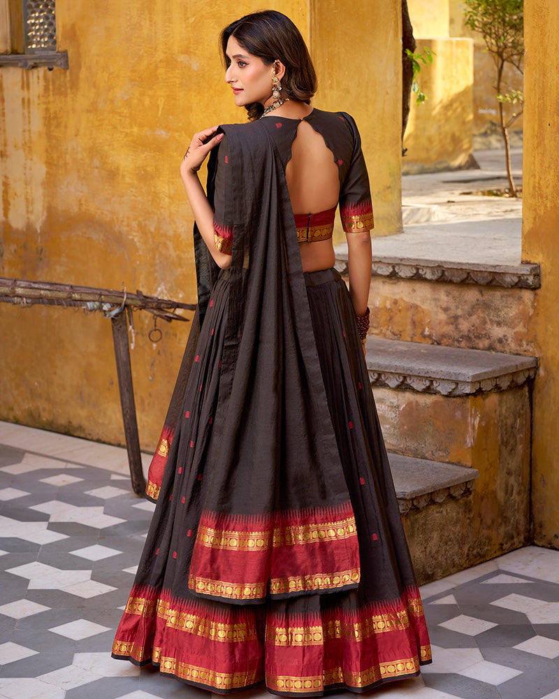Traditional Black Color Chanderi Half Saree With Zari Detailing