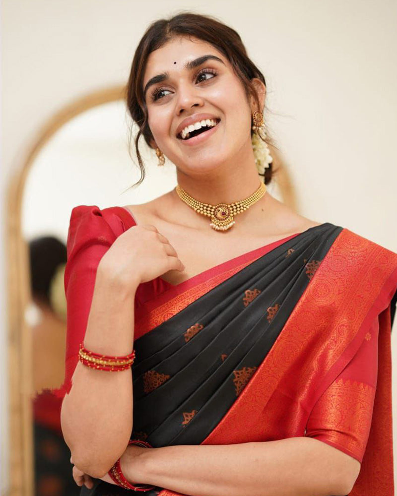 Black Color Jacquard Print Banarasi Soft Silk Saree